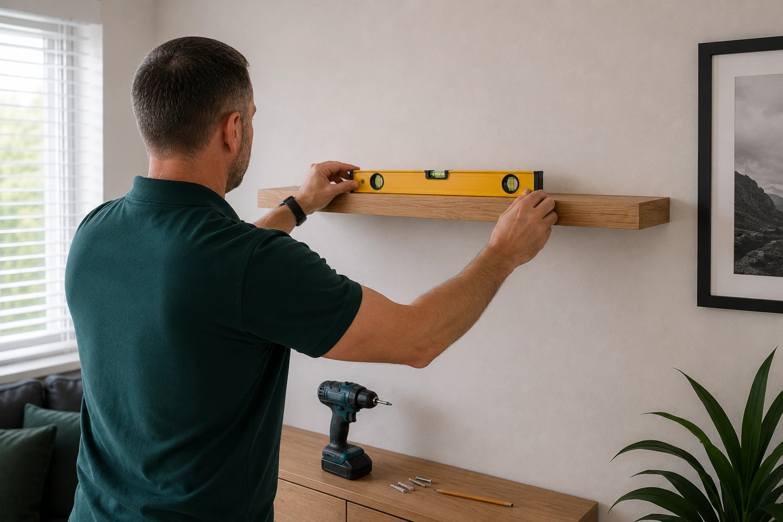 Hanging shelves and checking they are level